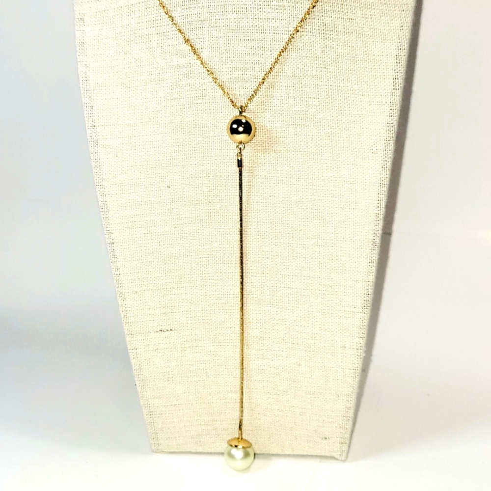 Long Gold-tone Chain and Pearl Lariat Necklace